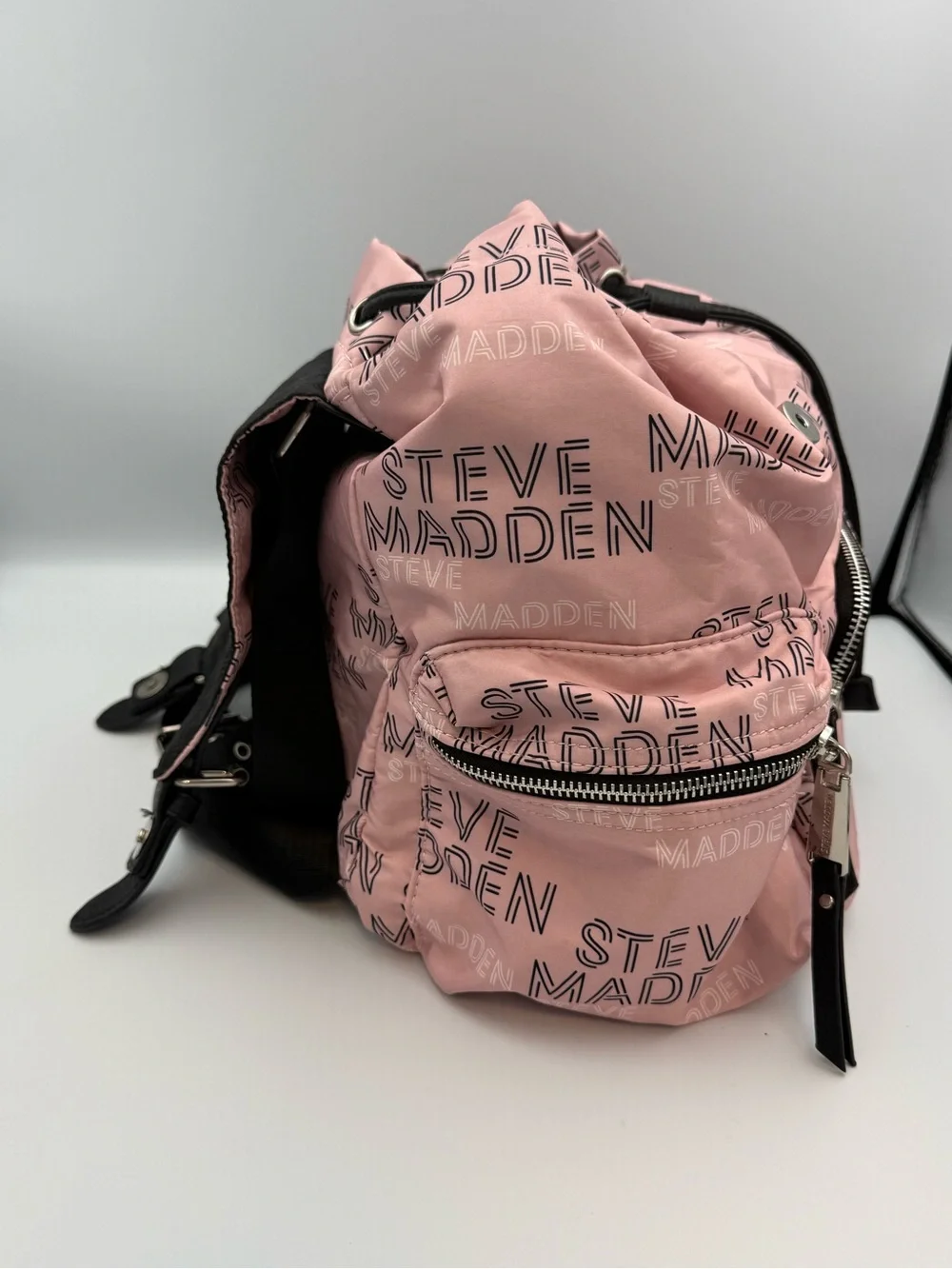 Steve Madden Pink Nylon Mini Backpack All Over Logo Spellout Drawstring Flap